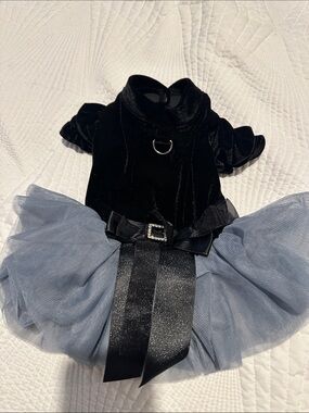 Black Velvet & Gray Tulle Dog Dress with Bow